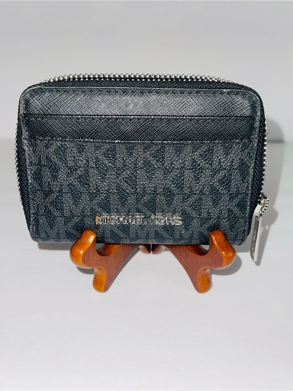 Michael Kors Jet Set Black Signature MK Logo Zip Around Card Case Wallet